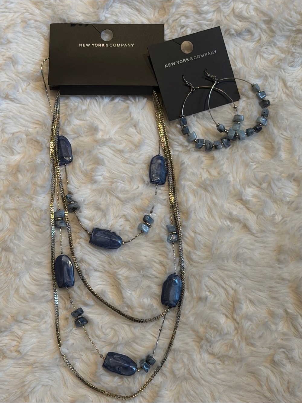 New York & Company Blue Multi-Strand Bead Necklace with Hoop Earrings Set